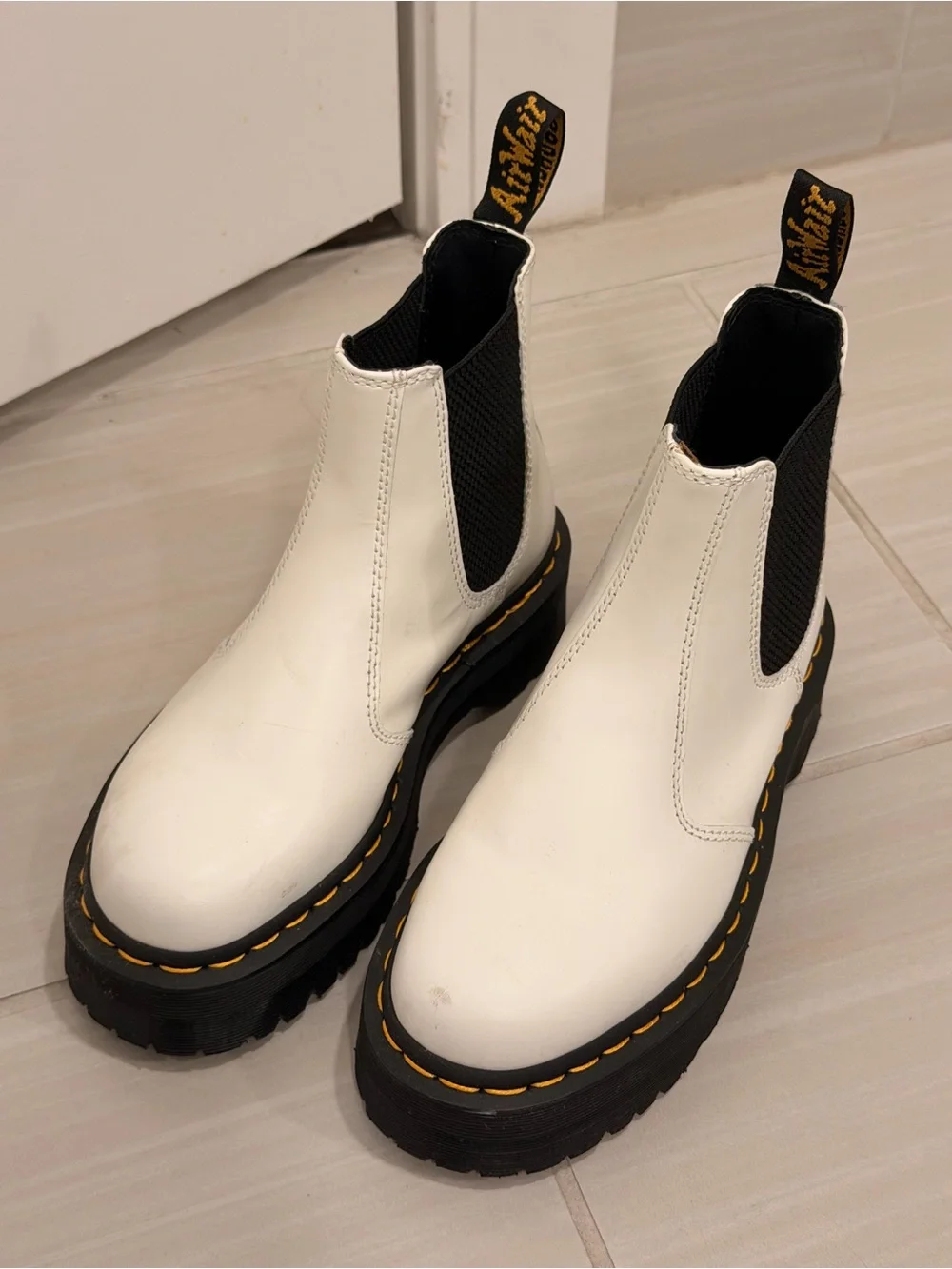 Dr. Martens White Leather Chelsea Platform Boots with Black Soles